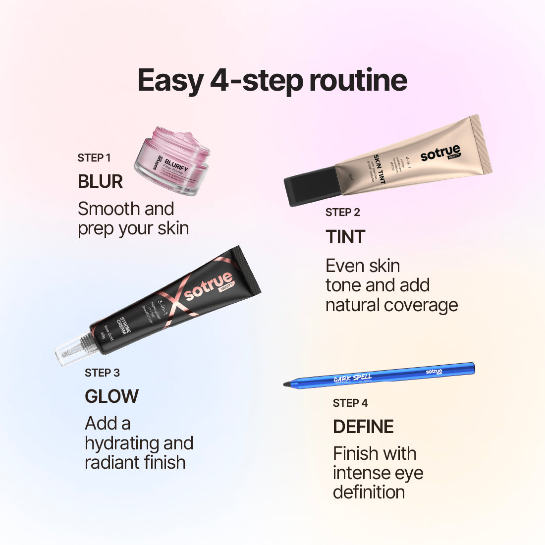 Sotrue Glow-up Combo | Blurify Filter Primer + 4-in-1 Skin Tint + Strobe Cream + Dark Spell Kohl Kajal