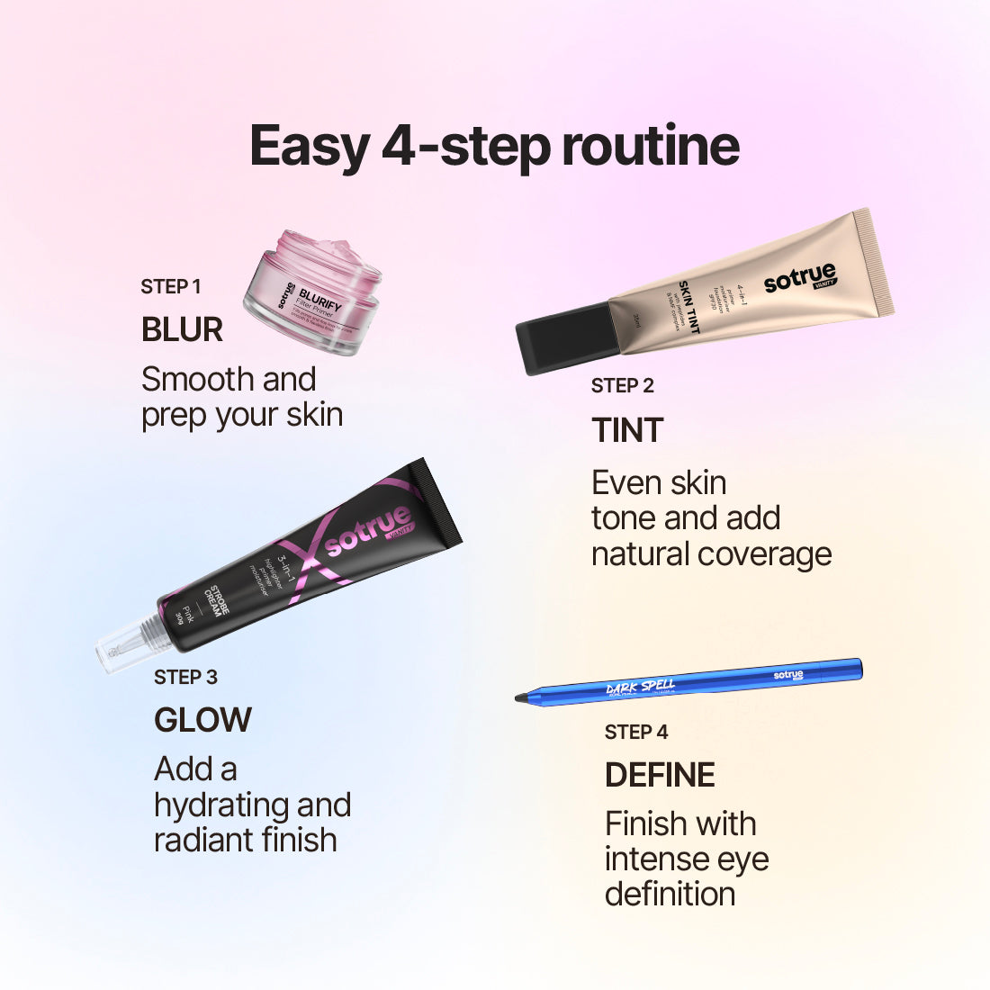 Sotrue Glow-up Combo | Blurify Filter Primer + 4-in-1 Skin Tint + Strobe Cream + Dark Spell Kohl Kajal