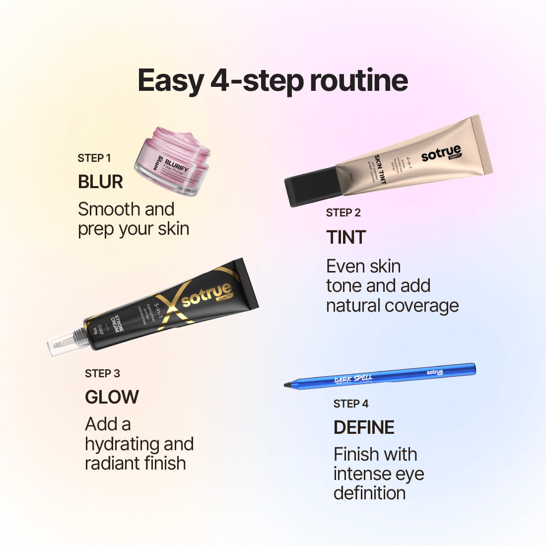 Sotrue Glow-up Combo | Blurify Filter Primer + 4-in-1 Skin Tint + Strobe Cream + Dark Spell Kohl Kajal