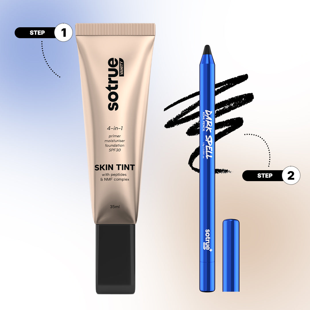 Sotrue Tint and Define Combo - the two-step routine, step 1 the 35ml skin tint and step 2 the Dark Spell kohl pencil with a black swatch
