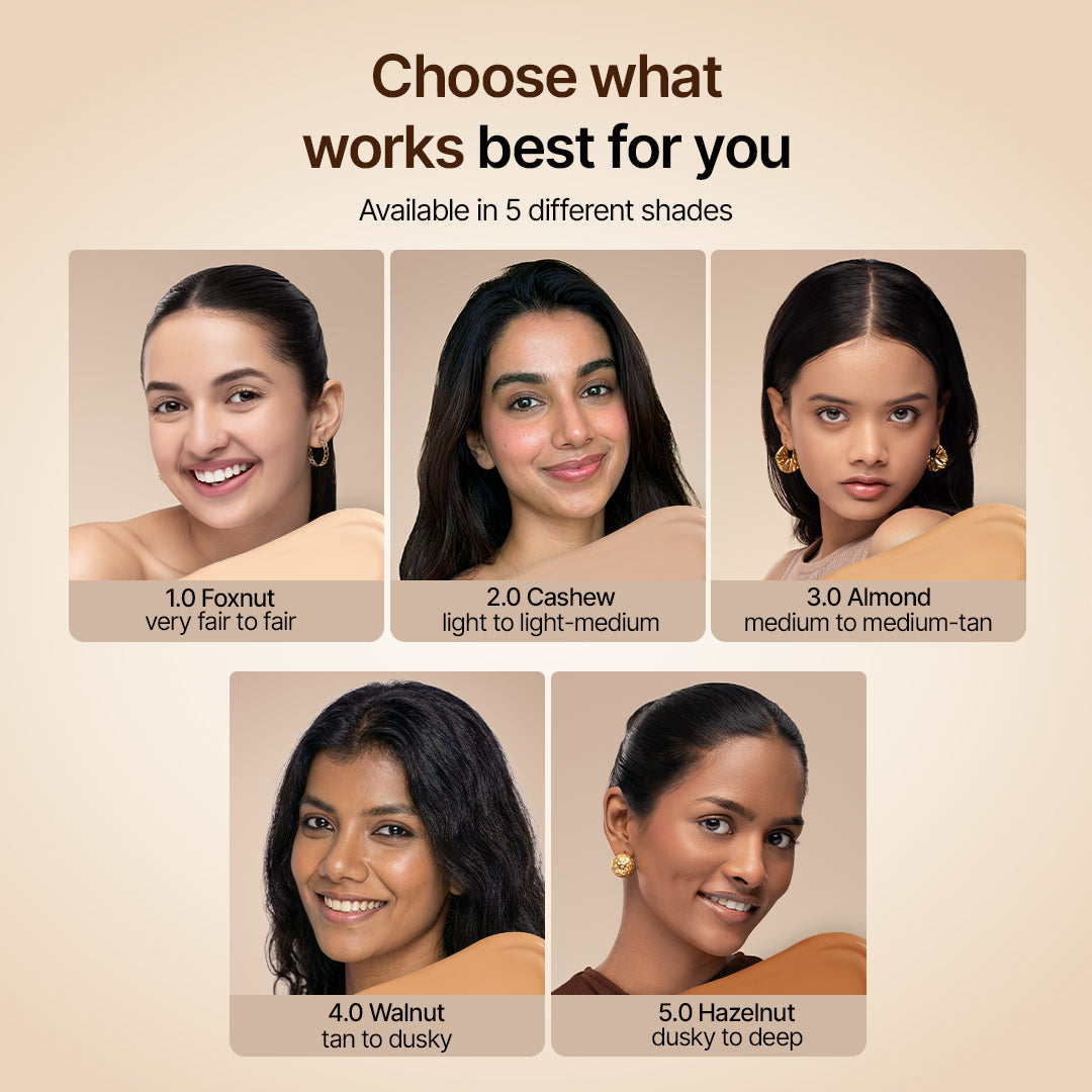 Sotrue 4-in-1 Skin Tint - five shades: Foxnut very fair, Cashew light, Almond medium, Walnut tan to dusky, Hazelnut dusky to deep
