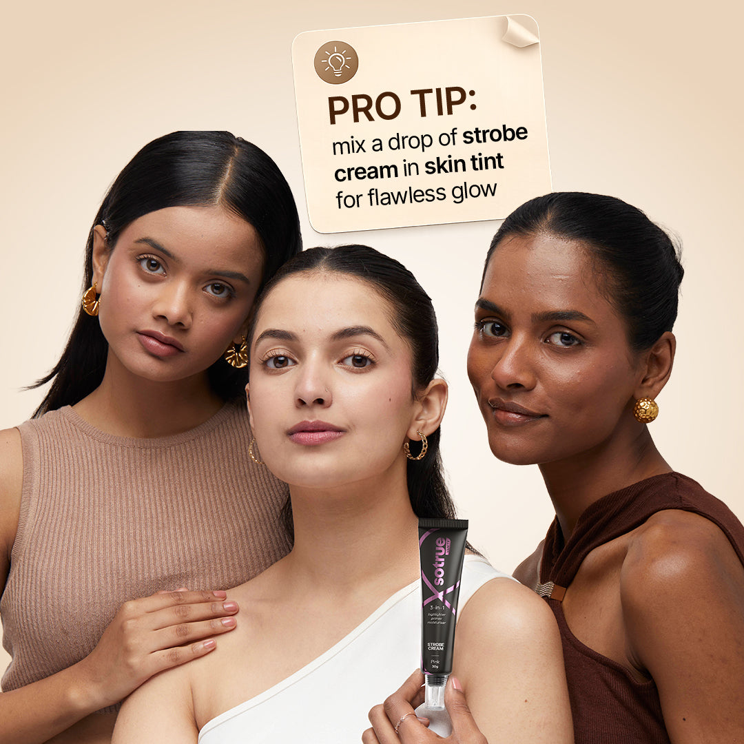 Sotrue 4-in-1 Skin Tint - pro tip: mix a drop of strobe cream into the skin tint for a flawless glow, shown on three models