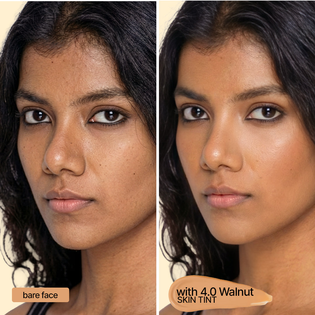 Sotrue 4-in-1 Skin Tint in 4.0 Walnut - light to medium coverage with SPF 30, evens tone in one step - bare face beside the same face wearing it