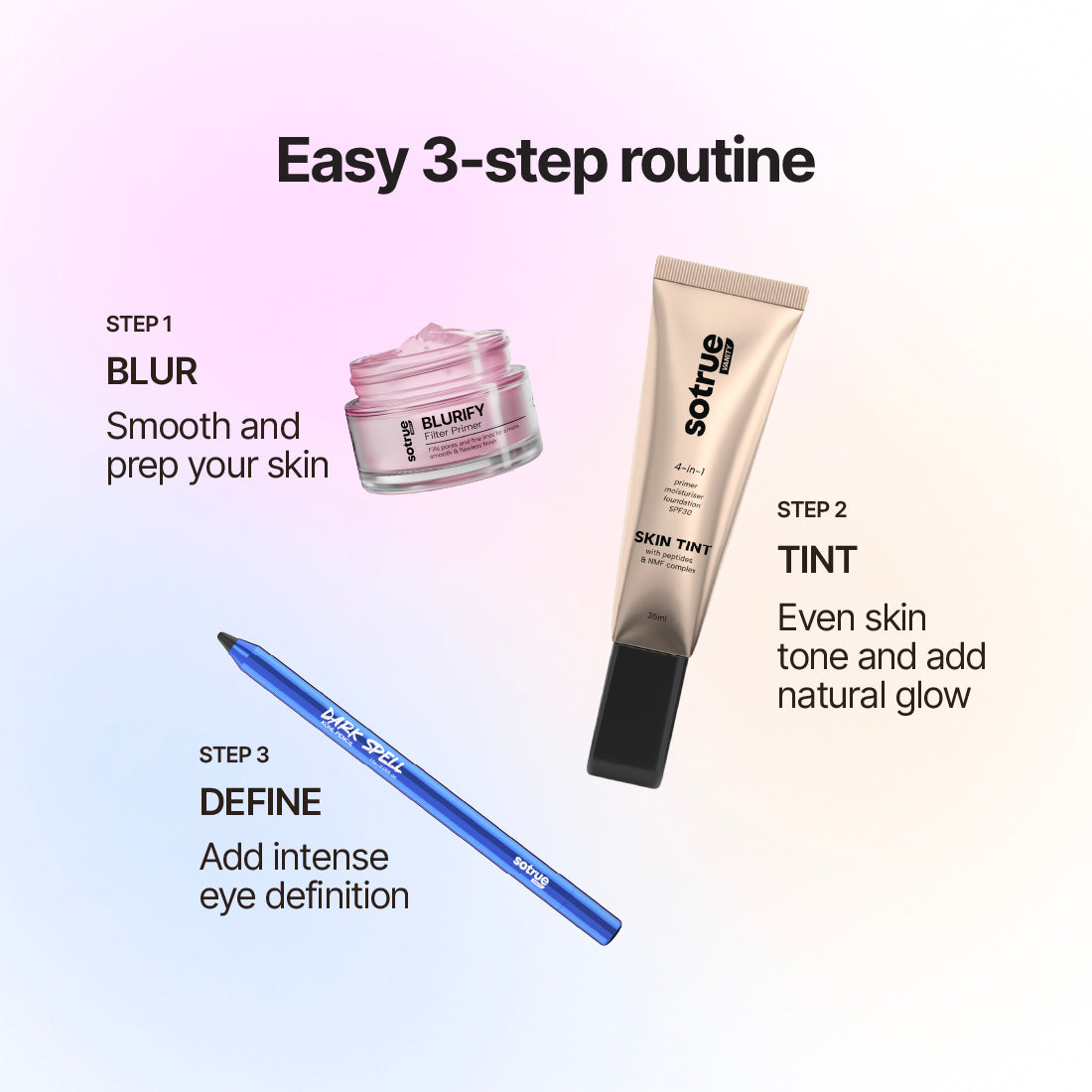 Sotrue Essentials Trio | Blurify Filter Primer + 4-in-1 Skin Tint + Dark Spell Kohl Kajal