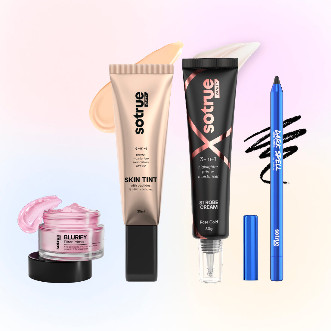 Sotrue Glow-up Combo | Blurify Filter Primer + 4-in-1 Skin Tint + Strobe Cream + Dark Spell Kohl Kajal