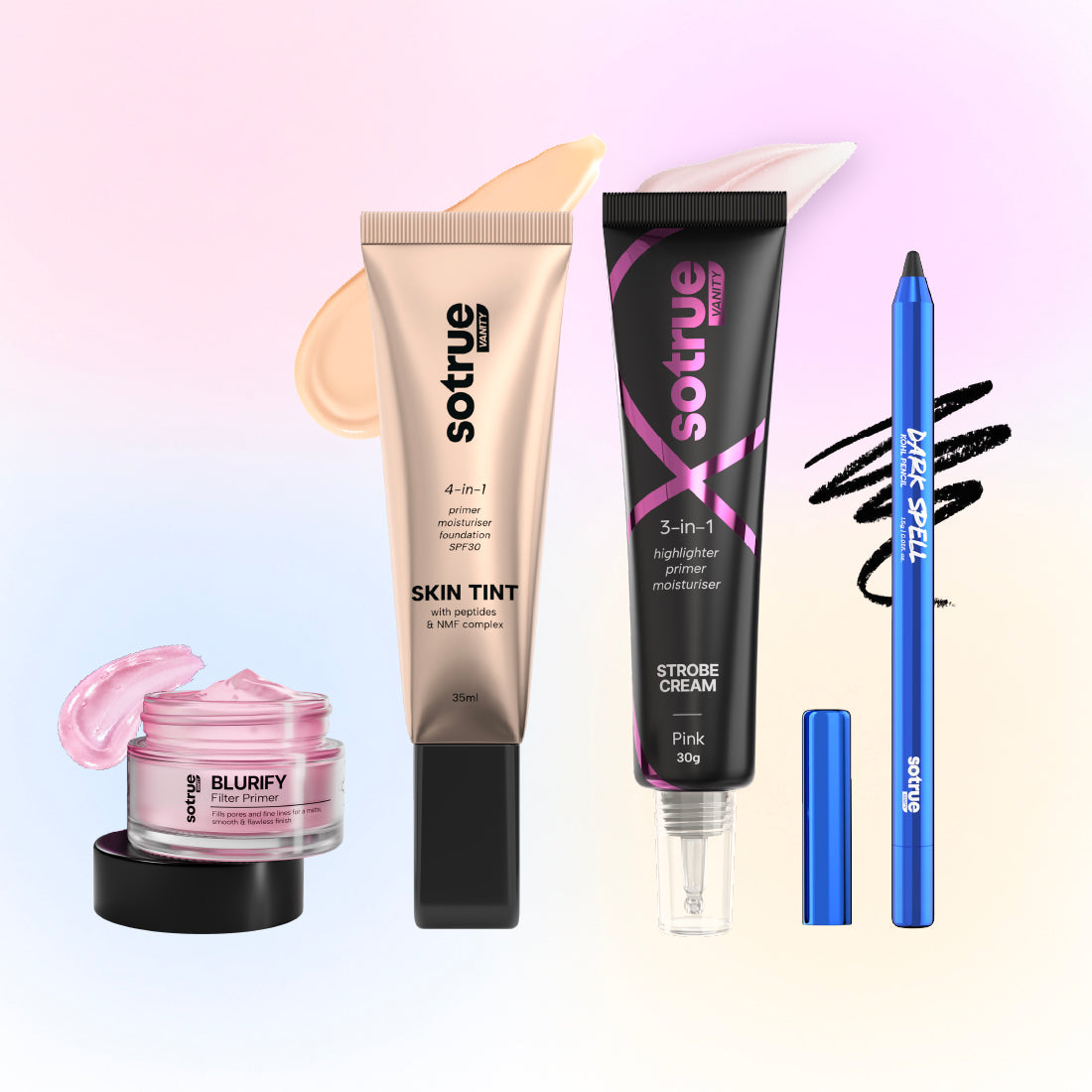 Sotrue Glow-up Combo | Blurify Filter Primer + 4-in-1 Skin Tint + Strobe Cream + Dark Spell Kohl Kajal