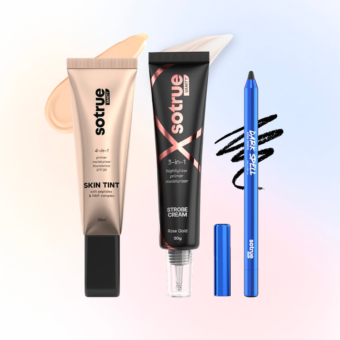 Sotrue Bestsellers Trio | 4-in-1 Skin Tint + Strobe Cream + Dark Spell Kohl Kajal