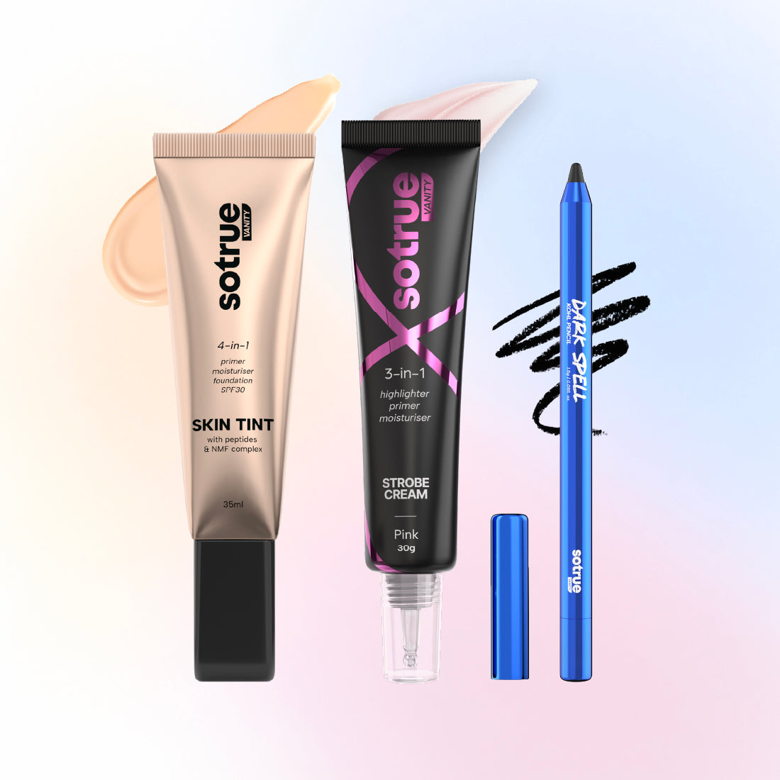 Sotrue Bestsellers Trio | 4-in-1 Skin Tint + Strobe Cream + Dark Spell Kohl Kajal