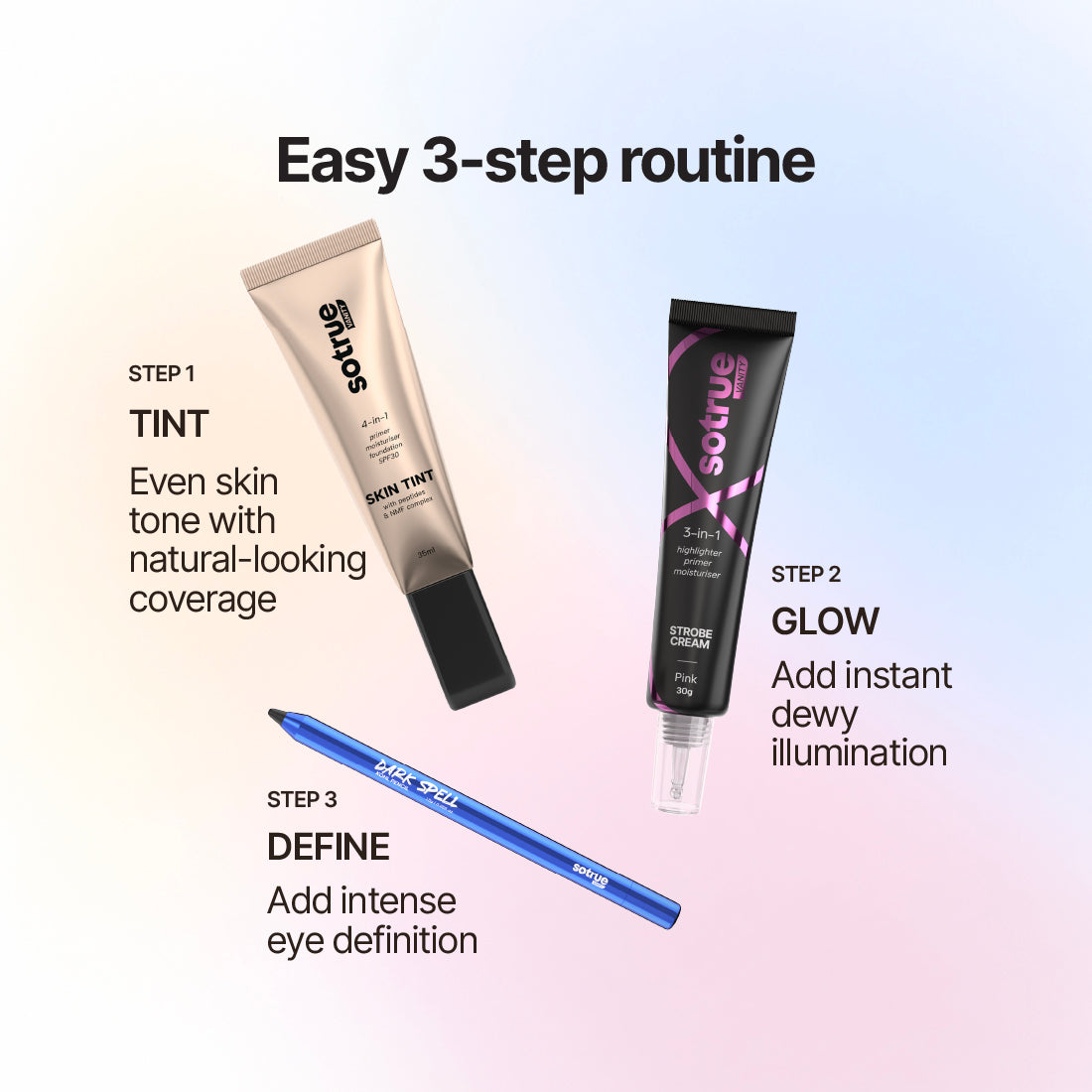 Sotrue Bestsellers Trio | 4-in-1 Skin Tint + Strobe Cream + Dark Spell Kohl Kajal