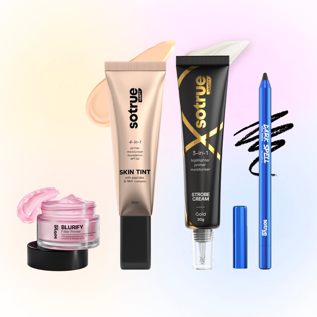 Sotrue Glow-up Combo | Blurify Filter Primer + 4-in-1 Skin Tint + Strobe Cream + Dark Spell Kohl Kajal