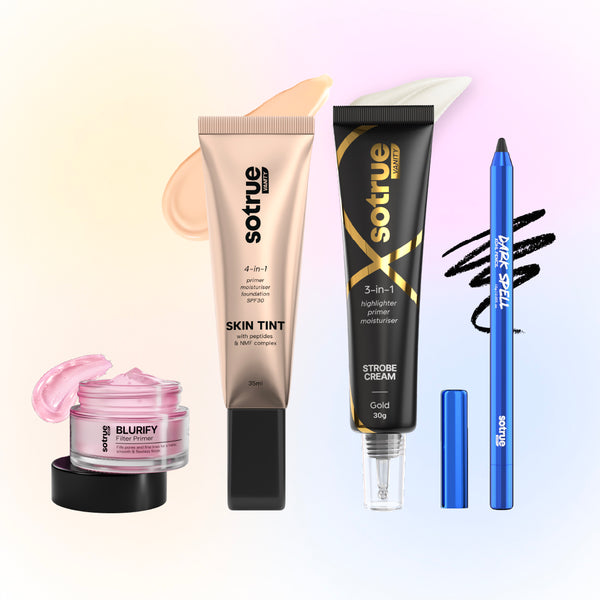 Sotrue Glow-up Combo | Blurify Filter Primer + 4-in-1 Skin Tint + Strobe Cream + Dark Spell Kohl Kajal