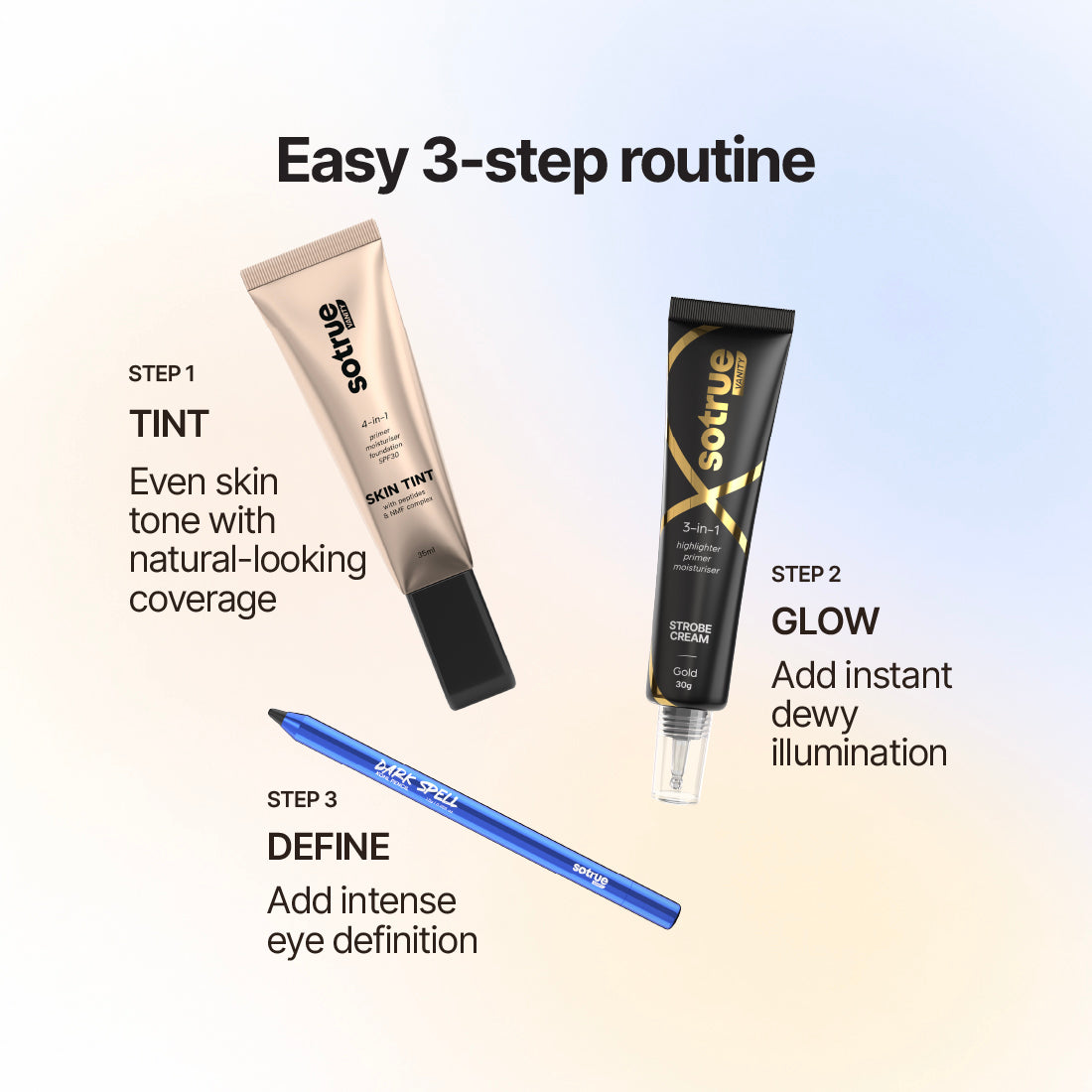 Sotrue Bestsellers Trio | 4-in-1 Skin Tint + Strobe Cream + Dark Spell Kohl Kajal