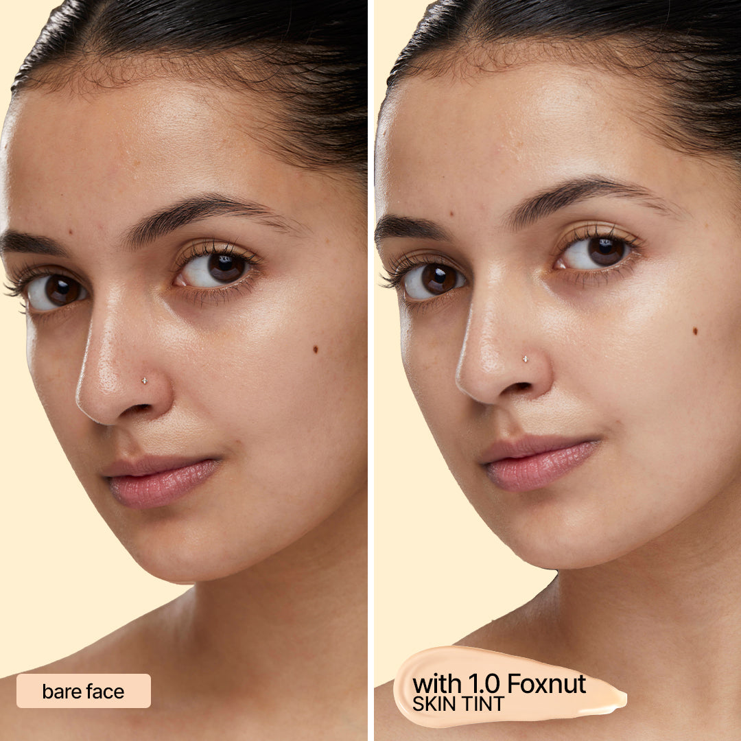 Sotrue 4-in-1 Skin Tint in 1.0 Foxnut - light to medium coverage with SPF 30, evens tone in one step - bare face beside the same face wearing it
