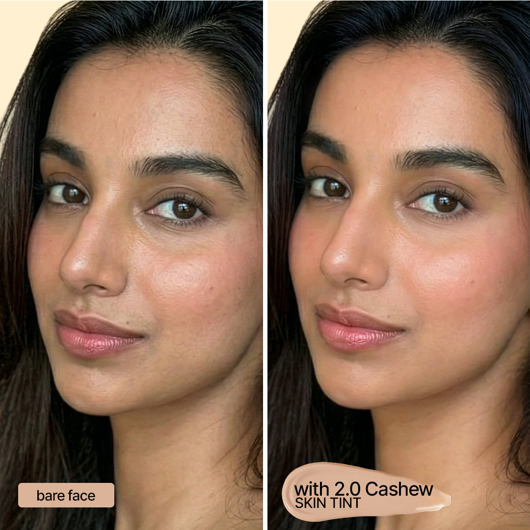 Sotrue 4-in-1 Skin Tint in 2.0 Cashew - light to medium coverage with SPF 30, evens tone in one step - bare face beside the same face wearing it