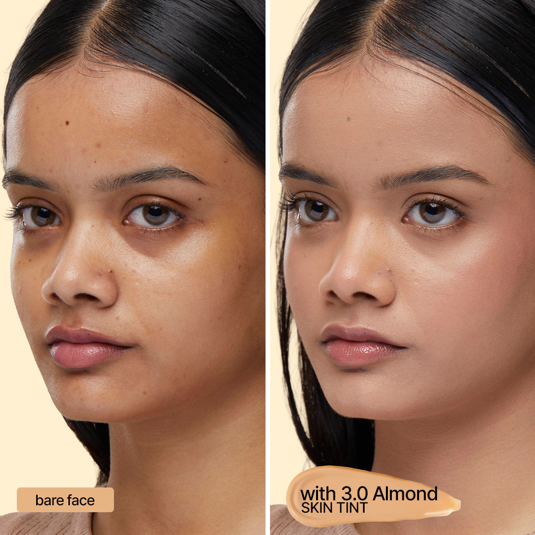 Sotrue 4-in-1 Skin Tint in 3.0 Almond - light to medium coverage with SPF 30, evens tone in one step - bare face beside the same face wearing it