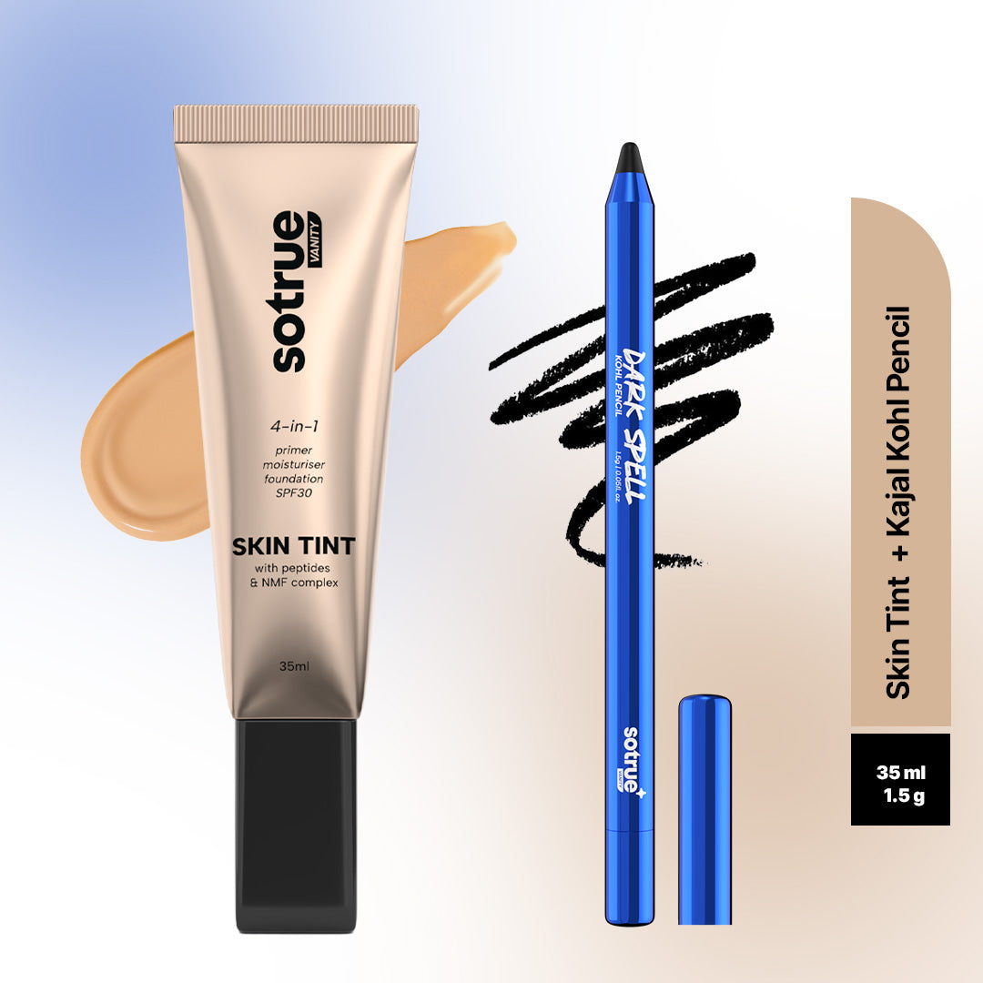 Sotrue Tint and Define Combo - 35ml skin tint in 3.0 Almond beside the Dark Spell kohl pencil, shown with a tint swatch and a black kajal swatch