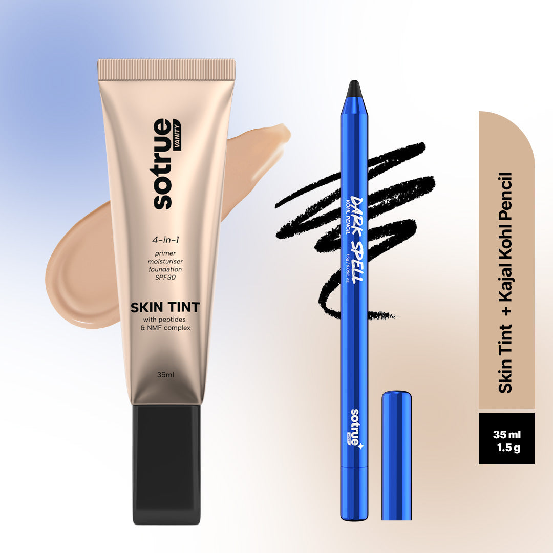 Sotrue Tint and Define Combo - 35ml skin tint in 2.0 Cashew beside the Dark Spell kohl pencil, shown with a tint swatch and a black kajal swatch