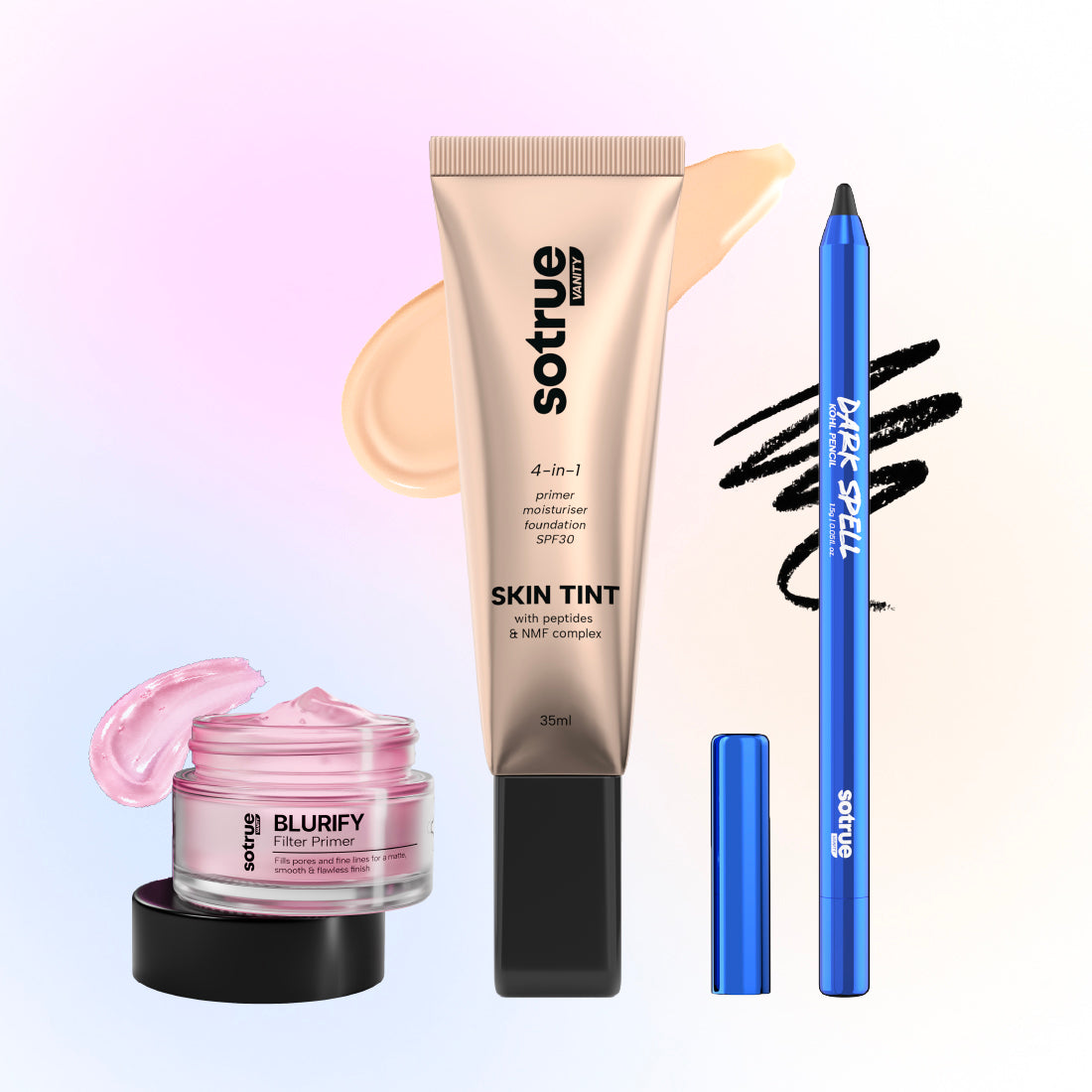 Sotrue Essentials Trio | Blurify Filter Primer + 4-in-1 Skin Tint + Dark Spell Kohl Kajal
