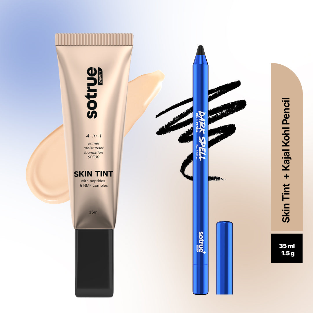 Sotrue Tint and Define Combo - 35ml skin tint in 1.0 Foxnut beside the Dark Spell kohl pencil, shown with a tint swatch and a black kajal swatch