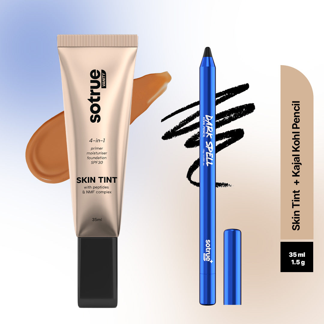 Sotrue Tint and Define Combo - 35ml skin tint in 5.0 Hazelnut beside the Dark Spell kohl pencil, shown with a tint swatch and a black kajal swatch