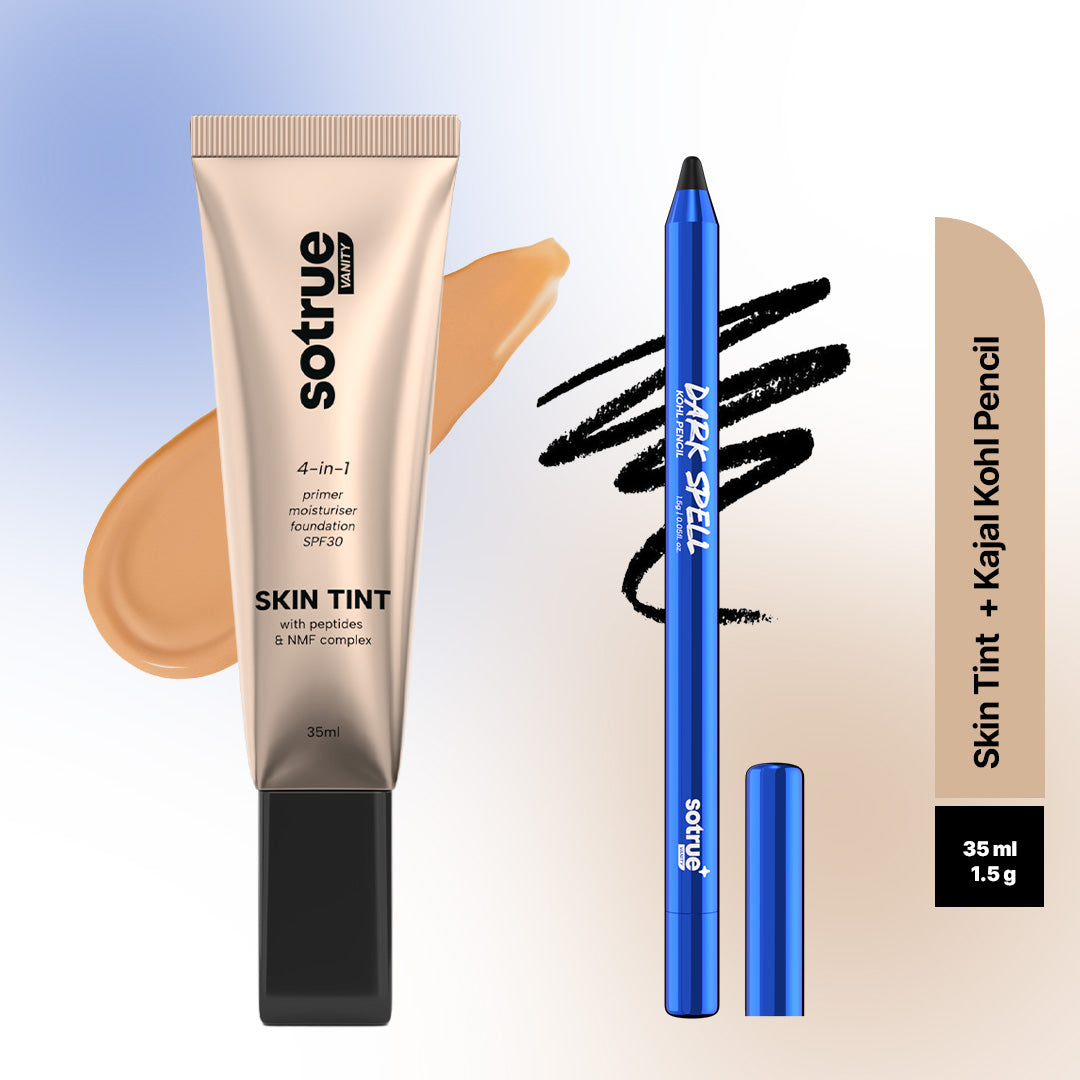 Sotrue Tint and Define Combo - 35ml skin tint in 4.0 Walnut beside the Dark Spell kohl pencil, shown with a tint swatch and a black kajal swatch